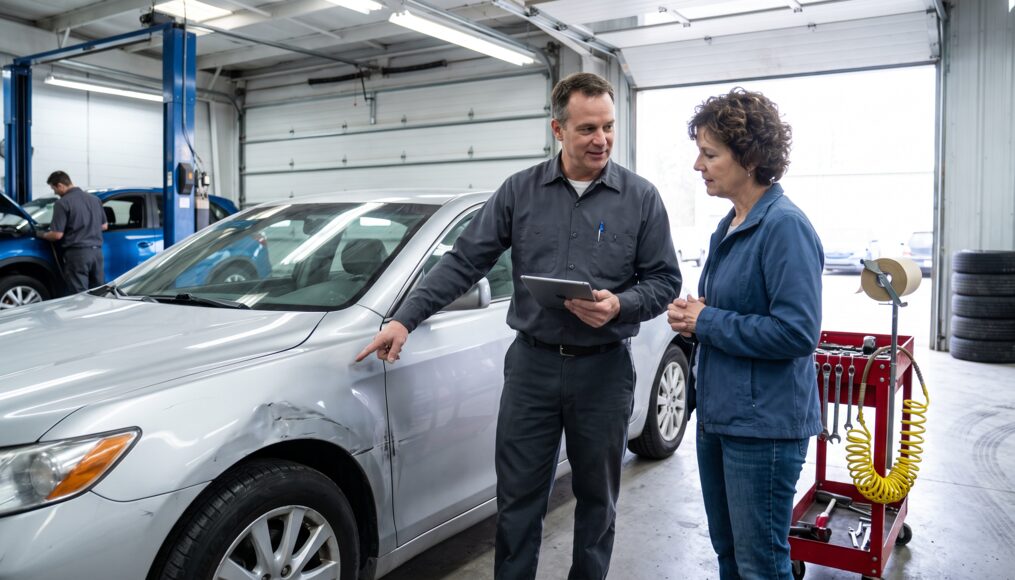 A Ridgeline estimator with a tablet walking a customer through the damage on a sedan in a clean shop bay