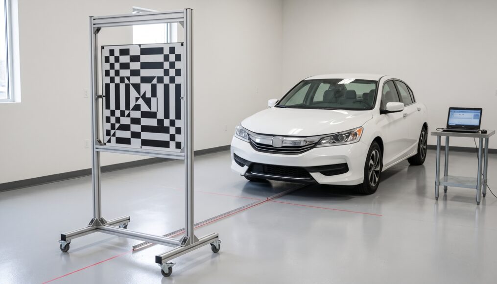 Calibration target set up in front of a vehicle for ADAS camera alignment