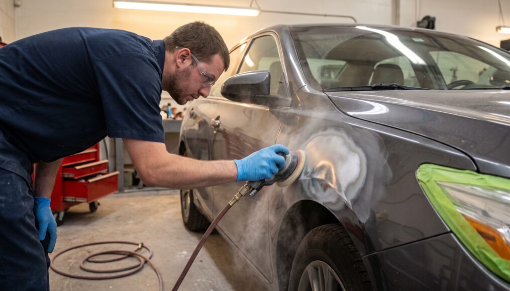 Technician repairing a collision-damaged front fender panel
