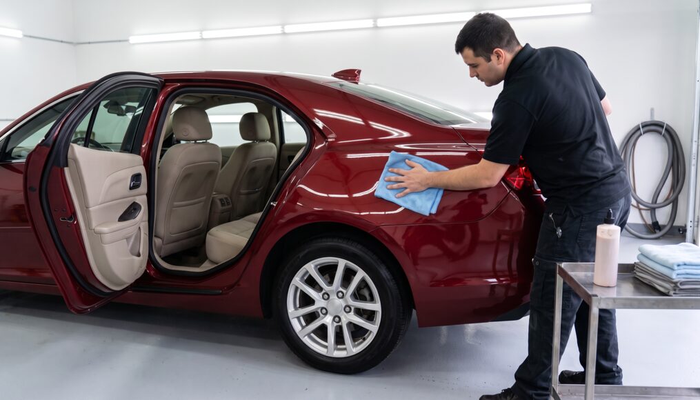 Freshly repaired sedan being hand-finished and detailed before delivery