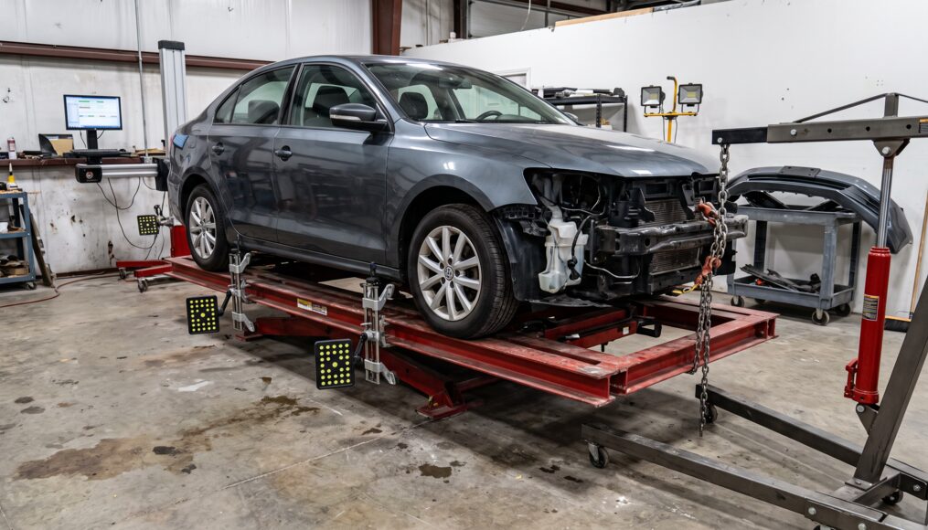 Vehicle secured on a frame machine for structural straightening