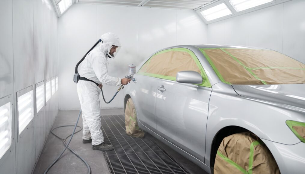 Painter applying refinish coat to a car panel in a spray booth