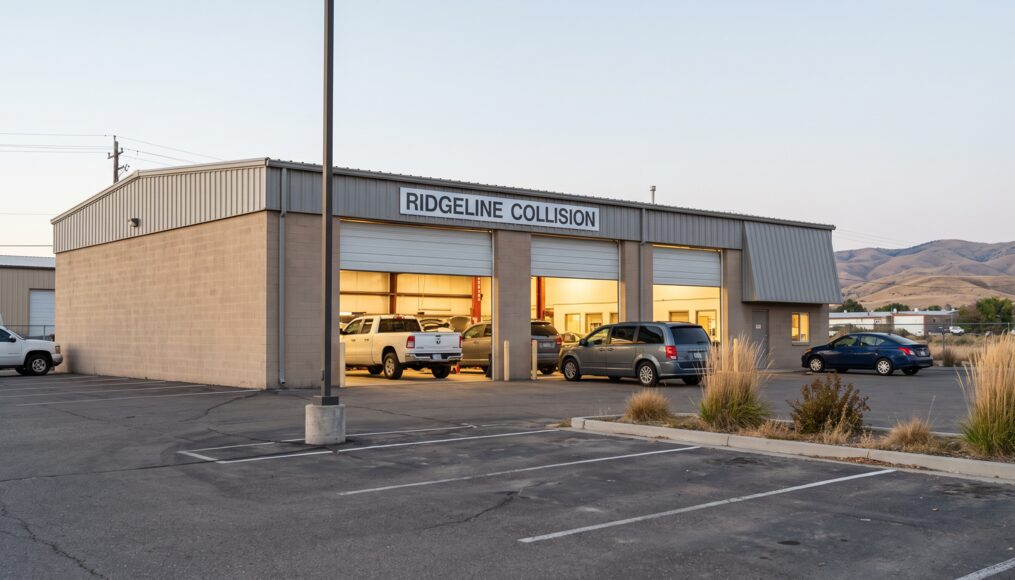 Ridgeline Collision Center shopfront with signage and open roll-up bay doors
