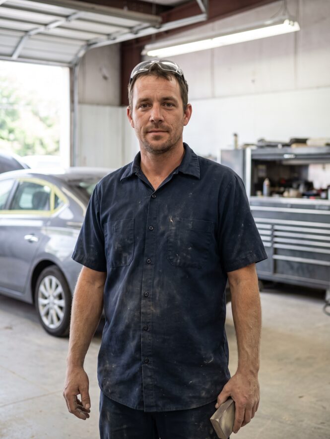 Ridgeline body technician in work gear standing in the shop