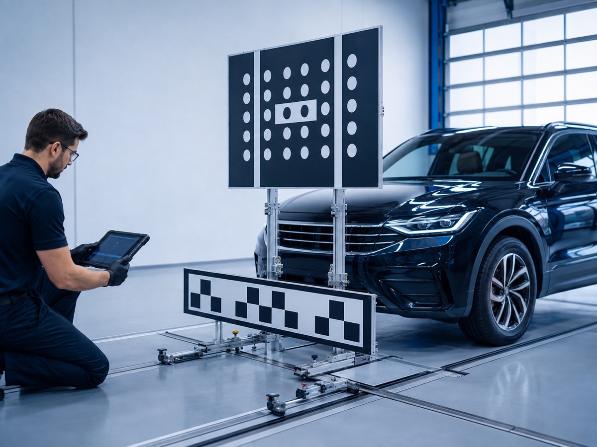 Calibration target boards set before a black SUV while a technician checks a tablet