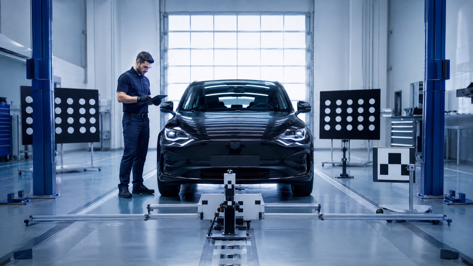 The calibration bay: a black car faces dot-target boards on both sides while the floor rig sits laser-aligned in front