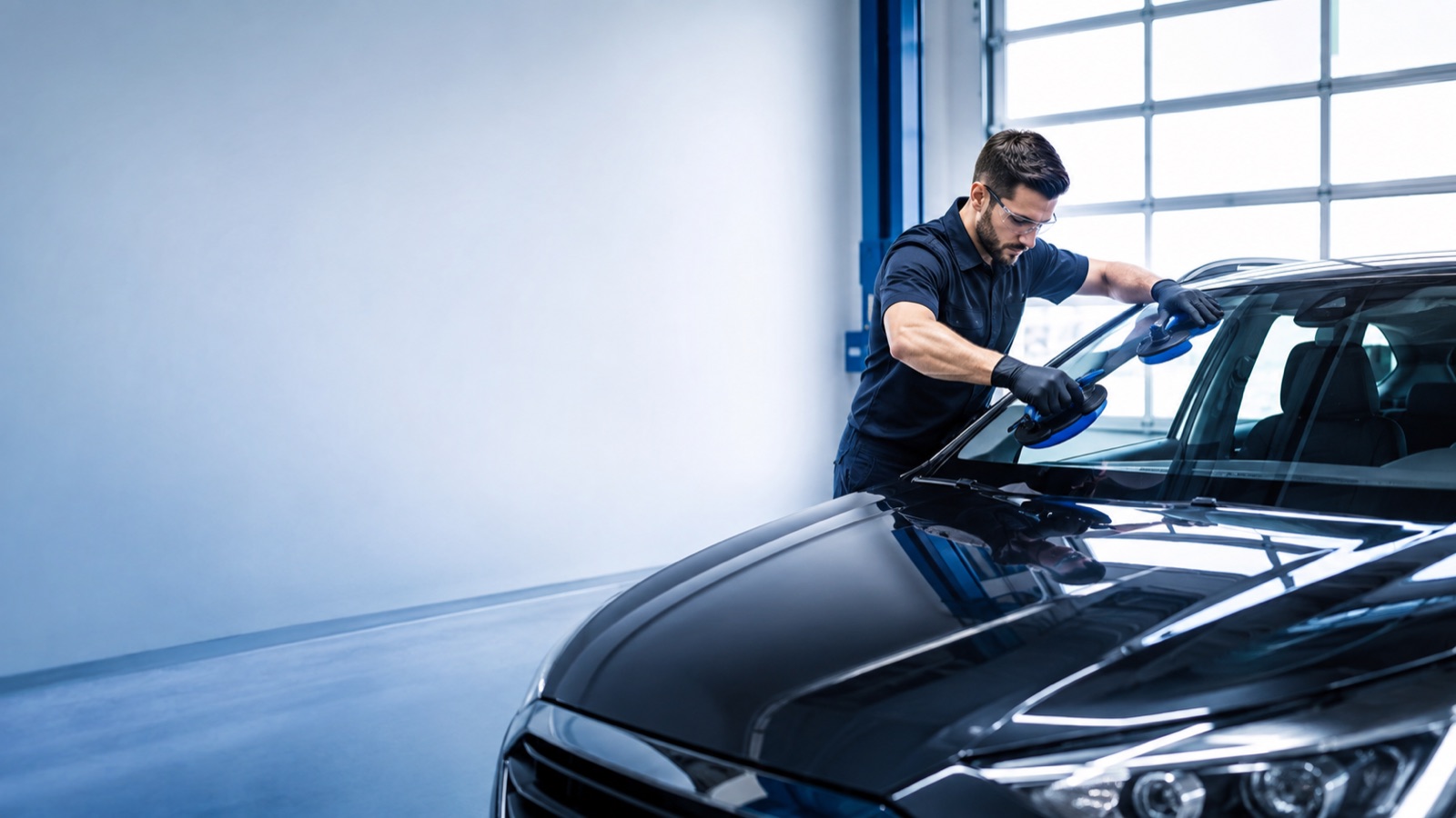 A Prism technician lowering a new windshield onto a dark SUV with suction cups, in a bright glass bay
