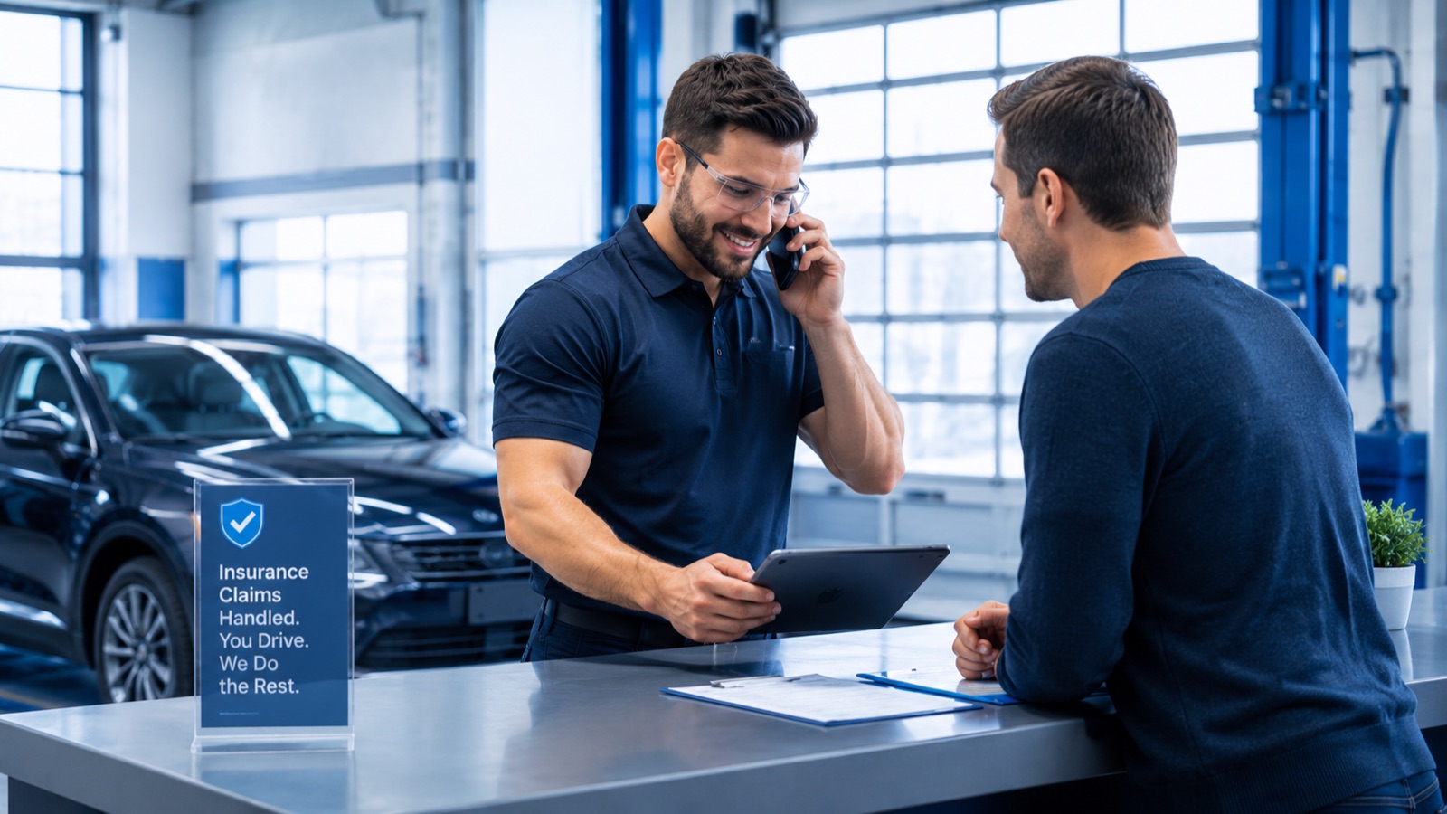 At the counter, a technician handles the insurer's glass line by phone while the customer watches; the sign reads: insurance claims handled