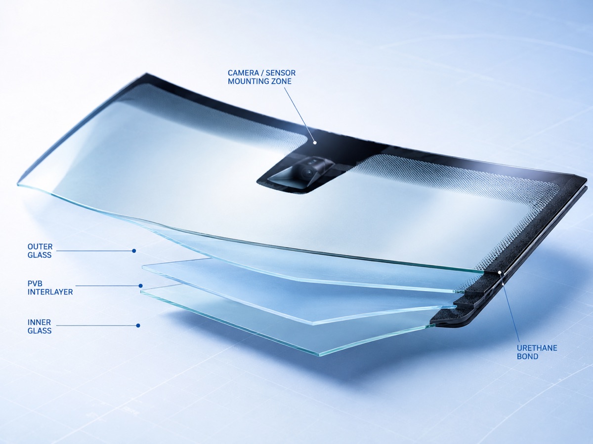 Exploded view of a laminated windshield: outer glass, PVB interlayer, inner glass, the urethane bond, and the camera mounting zone, each labeled