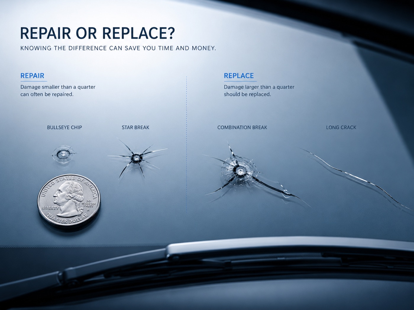 The counter chart: a real quarter beside a bullseye chip and star break under REPAIR, a combination break and long crack under REPLACE