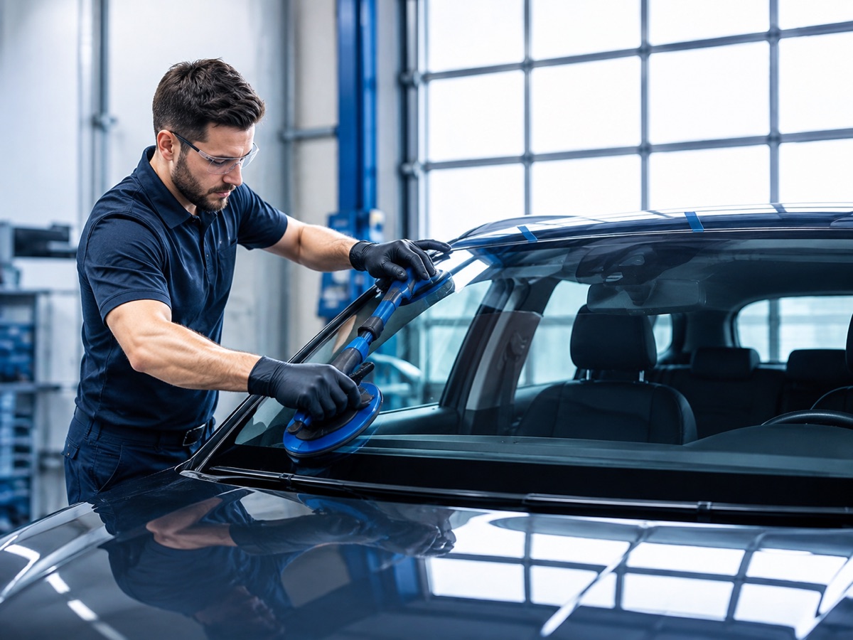 Technician guiding a new windshield into place on a dark SUV