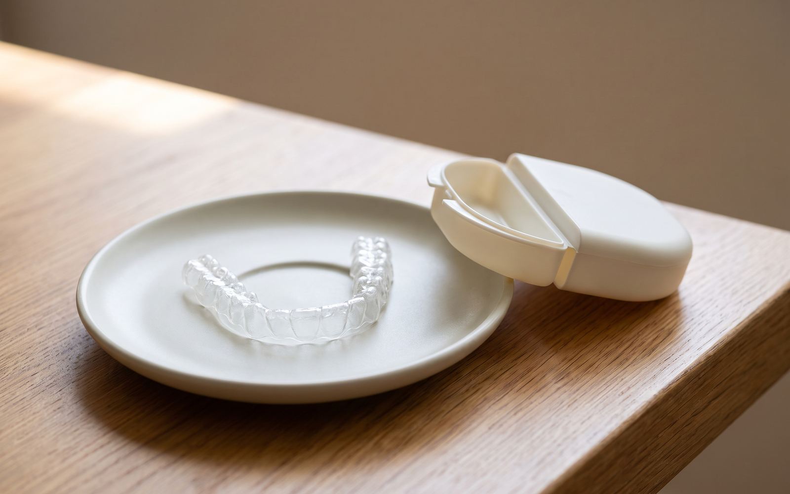 A clear aligner tray on a pale ceramic dish beside its open case on an oak counter