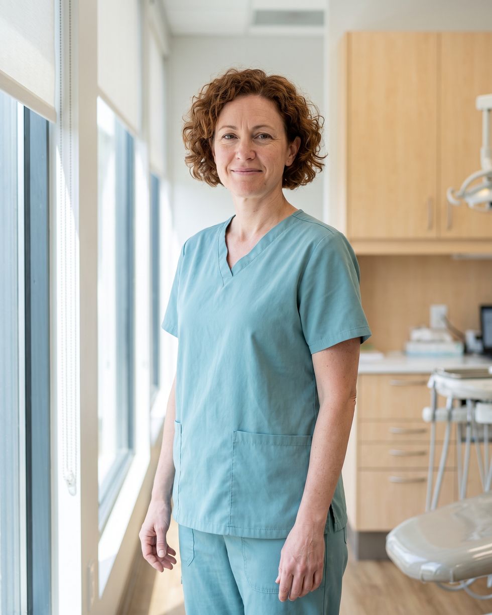 Dr. Maya Alder, DDS, in teal scrubs beside a window in the operatory