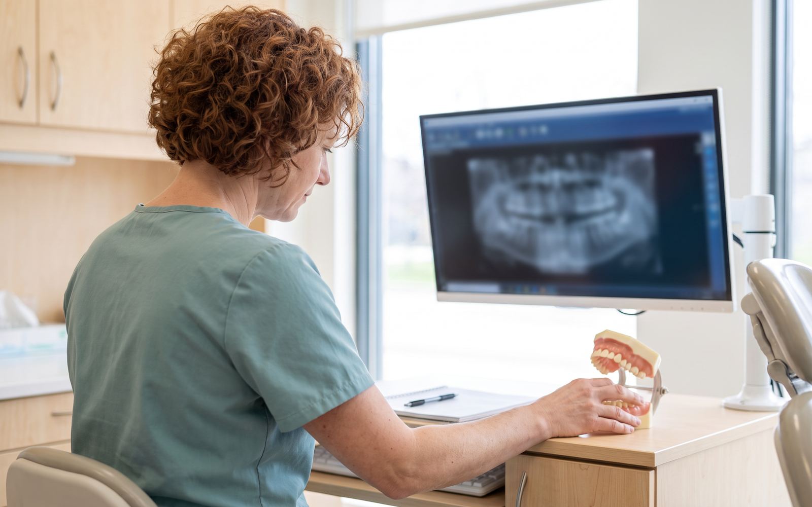 Dr. Alder at a workstation reviewing a panoramic dental X-ray on screen, a jaw study model in her hand