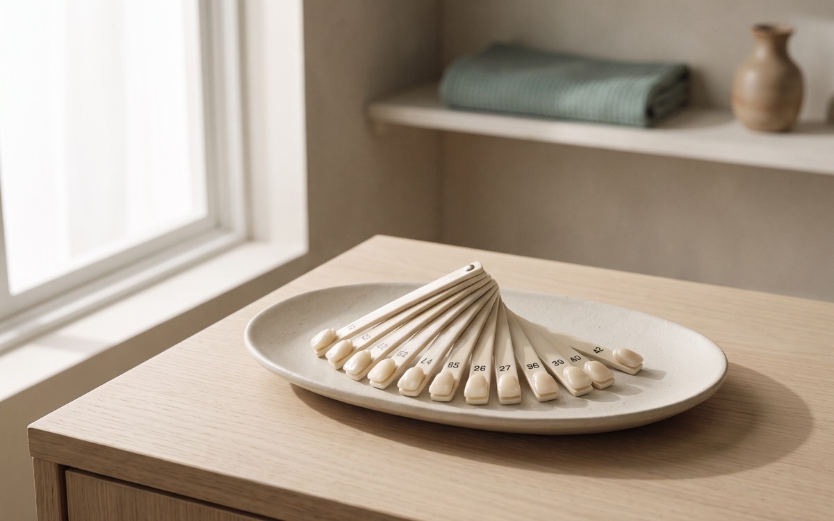 A dental shade guide fanned open on a pale ceramic dish on an oak counter, in soft window light