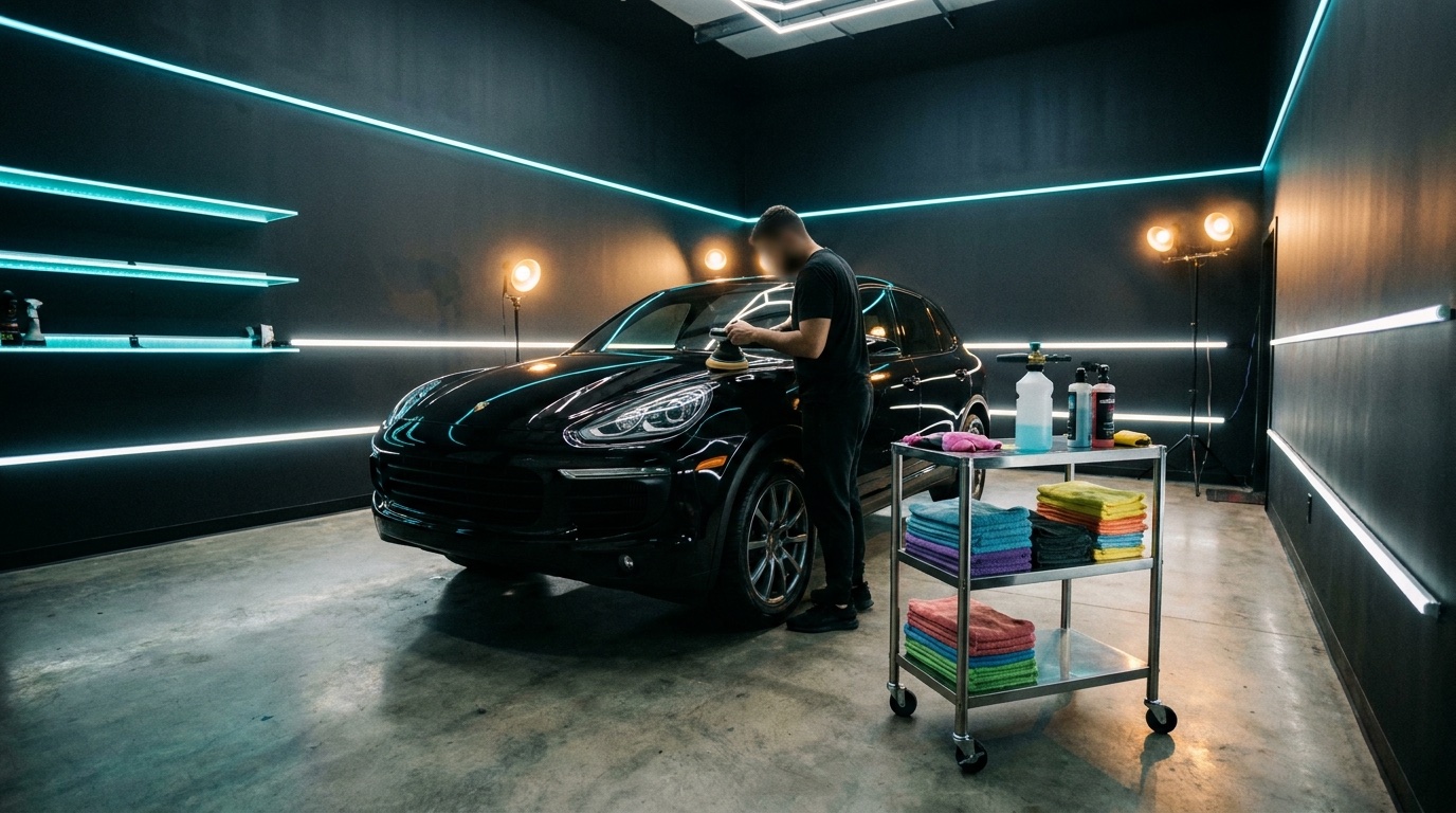 Detailer machine-polishing a dark SUV in the Blackline bay under arc lighting
