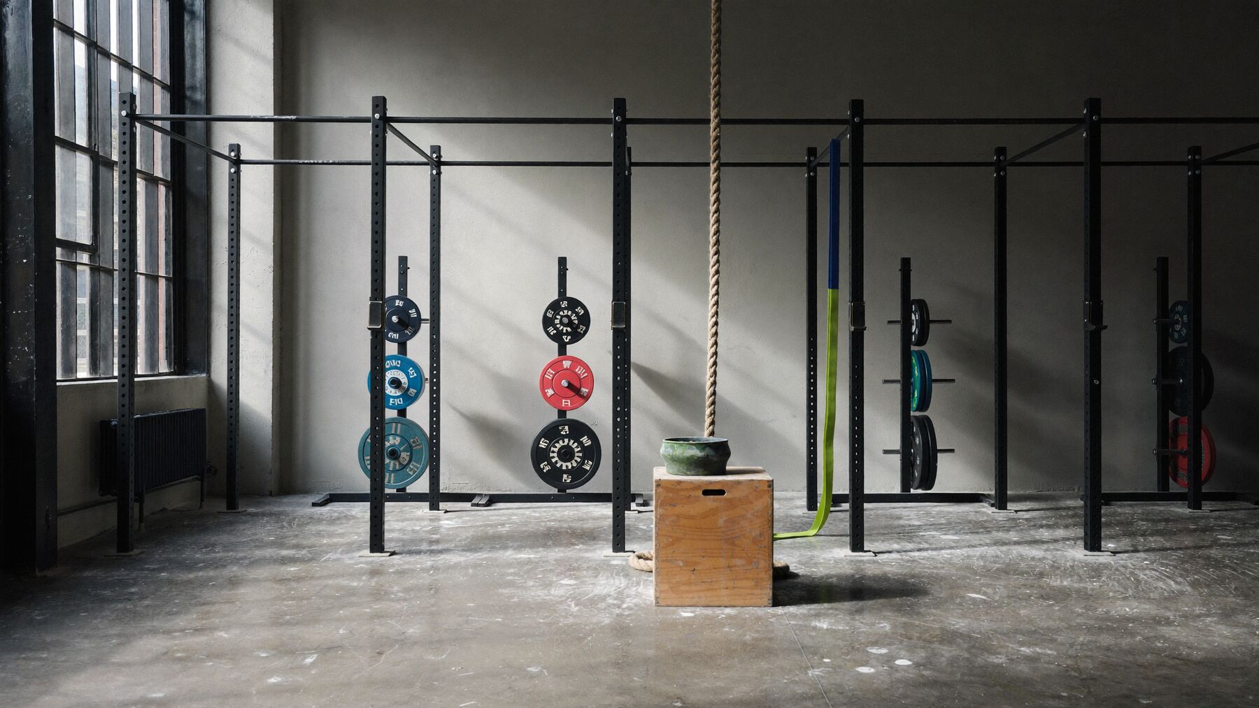 The Halyard training floor at first light: two rows of black squat racks against a concrete wall, bumper plates racked on pegs, a chalk bowl on a wooden plyo box, tall industrial windows throwing long shadows