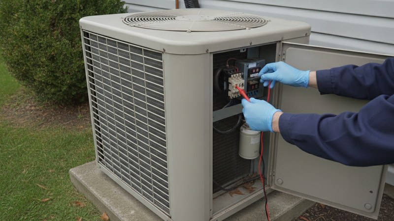 A technician servicing an outdoor air-conditioning condenser