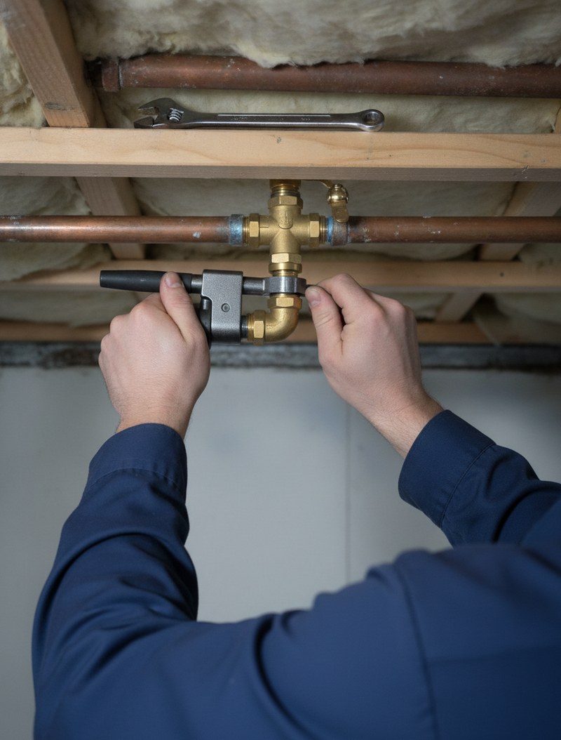 A plumber working under a kitchen sink