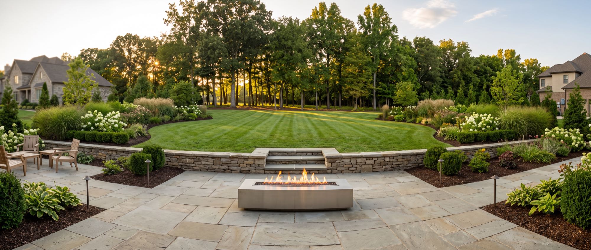 A professionally designed backyard at golden hour with a natural stone paver patio, layered green planting, and a modern linear fire feature