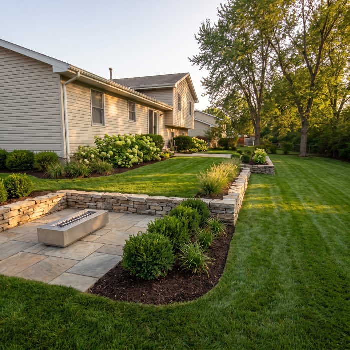 After: the same slope terraced into two levels with dry-stacked stone walls, a stone patio and a low linear fire feature, planted beds and striped lawn