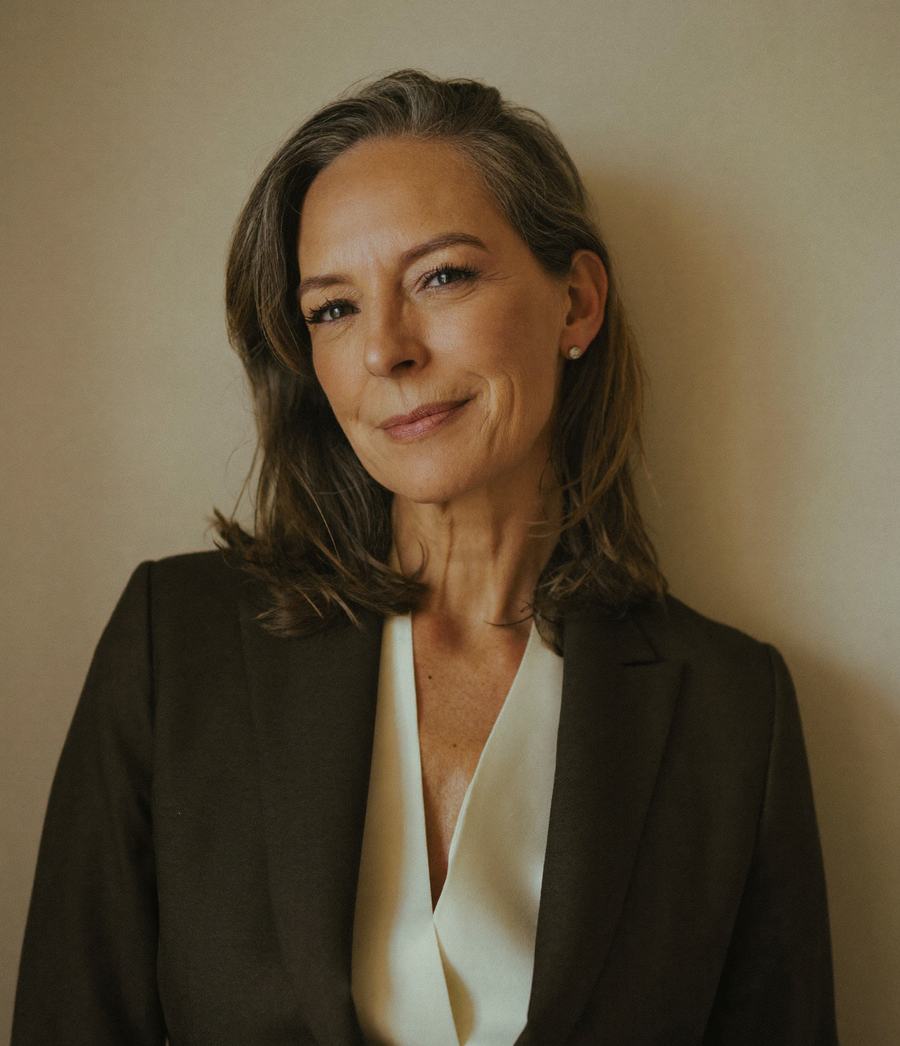 Rachel Harbor, partner — a woman in a charcoal blazer and ivory blouse against a warm plaster wall.