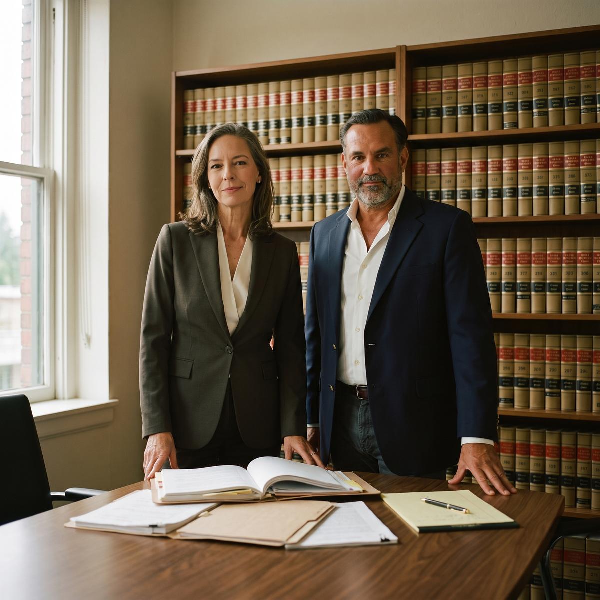 The two Harbor & Vale partners standing at a conference table spread with open case files, a wall of bound legal reporters behind them.