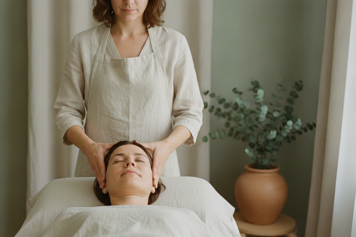A calm treatment room at Aster Skin Studio, soft daylight across linen and pale wood
