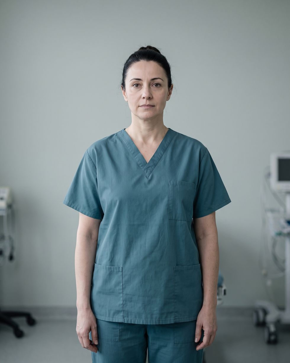 Dr. Elena Marlowe, photographed straight on in surgical scrubs against a plain wall