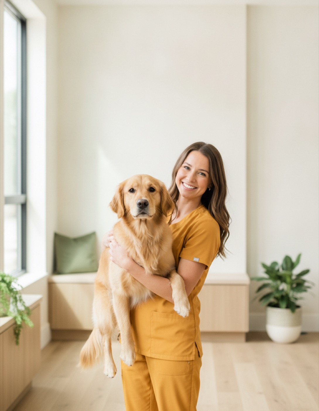 A veterinary technician in marigold scrubs holding a calm golden retriever in a bright, plant-filled exam room