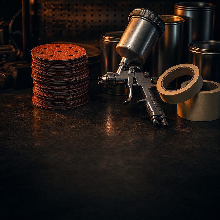 Automotive refinish supplies on a dark workbench: spray gun, abrasive discs, masking tape