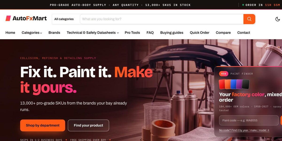 The AutofxMart storefront homepage — a body-shop supply store with 13,000+ products