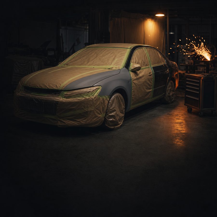 Sedan masked for paint in a dark body shop bay