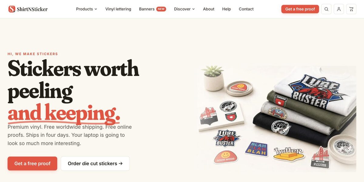 The ShirtNSticker custom sticker and vinyl print shop storefront homepage
