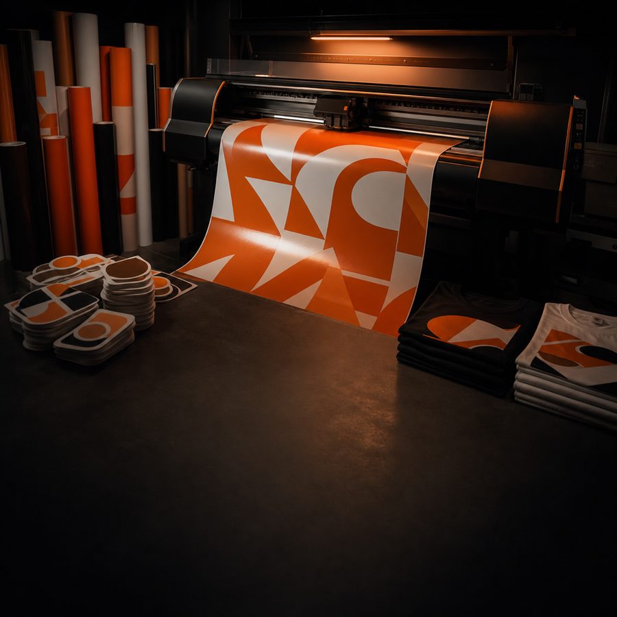 Large-format vinyl printer printing an orange abstract graphic